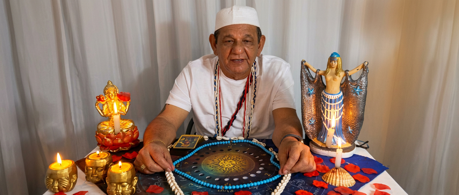 Pai Mattos em seu altar com velas, guias e imagens sagradas